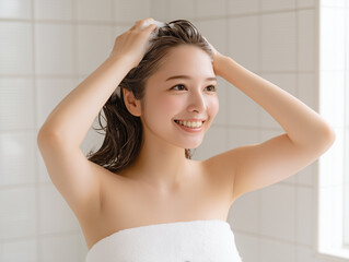 Naklejka premium シャンプーをする黒髪の20代女性