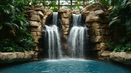 Fototapeta premium Indoor waterfall cascading into pool, tropical garden backdrop