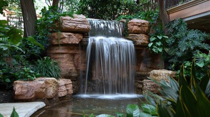 Indoor waterfall feature in a landscaped hotel atrium