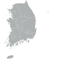 Vector map of South Korea in gray with white borders of provinces. Minimalist political subdivision map.

