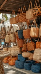 A variety of handcrafted woven baskets and bags displayed for sale.