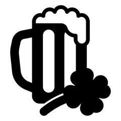 Mug of beer with clover solid icon, saint patrick holiday concept. Vector graphics. Pint glass with leaf, drink sign on white background, glyph style mobile or design.