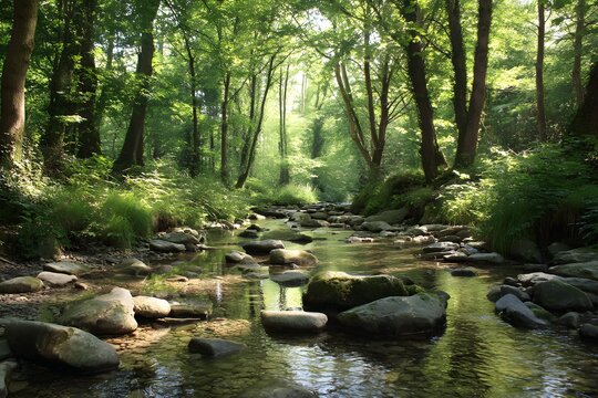 Forest brook over smooth stones gentle flow