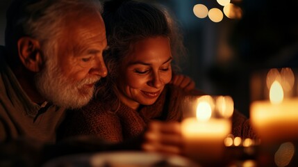 Romantic candlelit dinner between an elderly couple celebrating love and companionship in a cozy setting