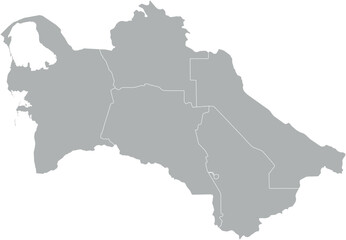 Vector map of Turkmenistan in gray with white borders of regions. Minimalist political subdivision map.

