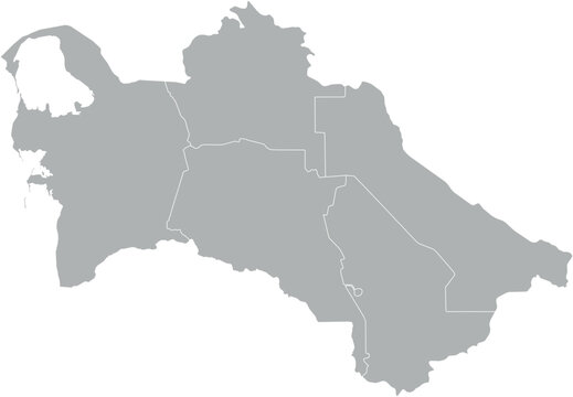 Vector map of Turkmenistan in gray with white borders of regions. Minimalist political subdivision map.

