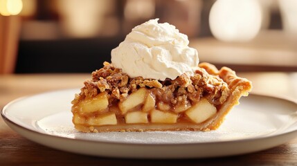 Delicious slice of homemade apple pie topped with whipped cream served on a white plate in a cozy setting, showcasing a warming dessert for special occasions and gatherings.