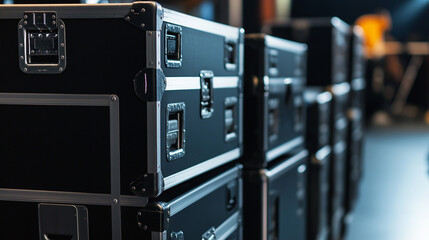 Stacked black road cases used for transporting equipment, symbolizing logistics, event production, and professional storage solutions.