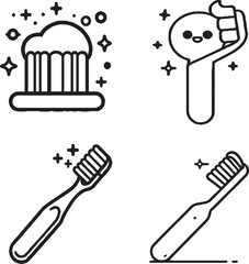 Charming Cartoon Toothbrush Icons - Whimsical Black and White Illustrations"