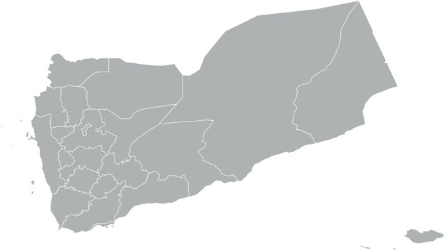 Vector map of Yemen in gray with white borders of governorates. Minimalist political subdivision map.

