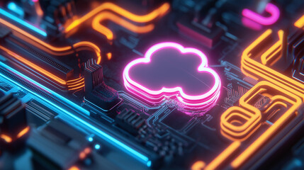 Neon pink cloud icon on a computer motherboard symbolizing cloud computing, data storage, and digital technology.