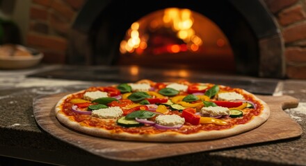 Vegetarian Pizza Cheese and Vegetables from a Wood Fired Oven