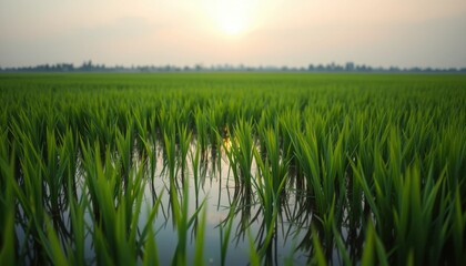 Obraz premium Lush Green Rice Paddy Field at Sunset Vibrant Nature Scenery