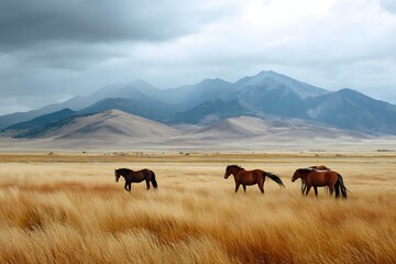 Highland grass plains with wild horses