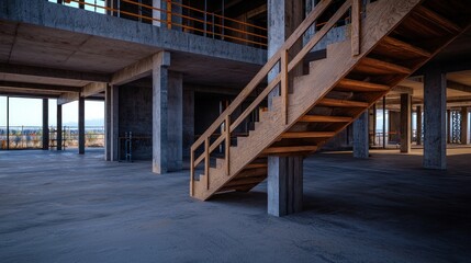 Obraz premium Wooden stairs in unfinished concrete building interior with construction site view