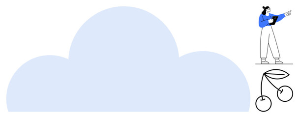 Woman holding a tablet pointing at a large cloud, minimalist cherries adding detail. Ideal for cloud computing, technology, modern design, creativity, simplicity, education, and a simple landing page