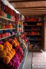 Colorful yarn on shelves in a store, creating a vibrant, textural background