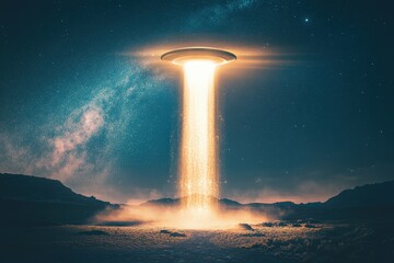 A mysterious UFO hovering over a quiet countryside, casting a glowing beam of light with copy space. Soft eerie light. Starry night sky background.