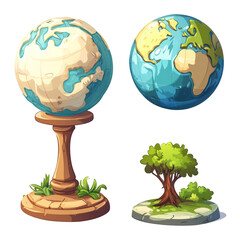 Cartoon globes a tree and plants on a stone base a nature scene