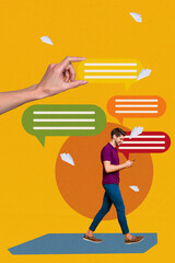 Image zine trend photo collage of happy man hold phone walk colorful communication symbol dialogue...