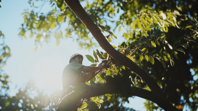Hispanic arborist trimming tree branches with a chainsaw from a lift bucket. Featuring safety and precision