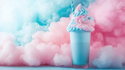 Refreshing Cotton Candy Milkshake Surrounded by Fluffy Pink and Blue Clouds, Perfect for Summer Treats and Colorful Desserts for Parties and Celebrations