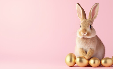 Obraz premium Light brown bunny surrounded by golden Easter eggs on a soft pink background, symbolizing spring, celebration, and holiday charm.