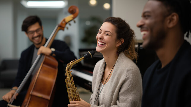 Joyful Musicians Enjoying a Collaborative Music Jam Session