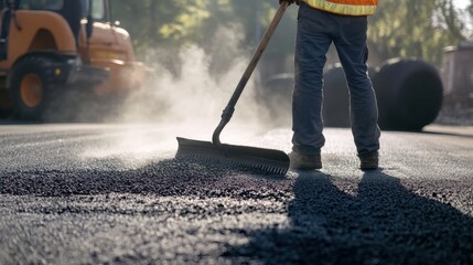 Hispanic asphalt worker leveling fresh hot mix on a city street with a rake. Featuring precision and teamwork
