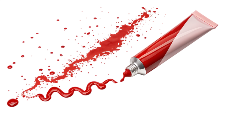 Creative art featuring a tube of red paint releasing its contents in a dynamic zigzag line, 
