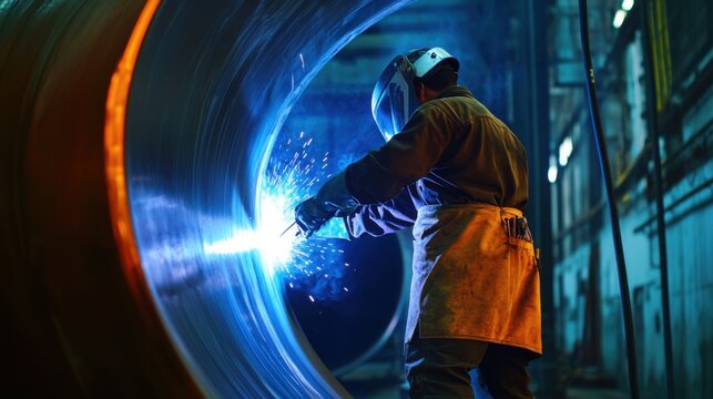 Hispanic boilermaker welding pressure vessels inside an industrial plant. Featuring strength and expertise