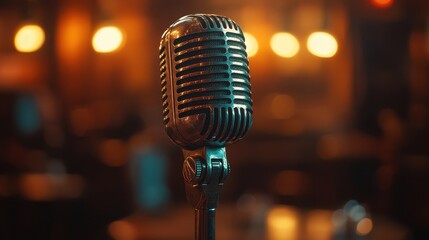 a vintage microphone stands alone under a spotlight creating an intimate atmosphere in the quiet theater setting,stock photo