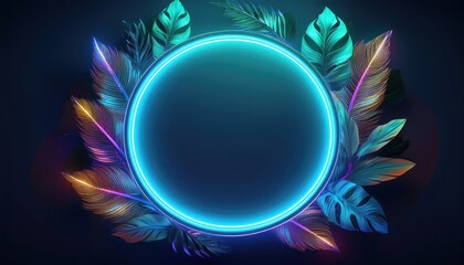 Striking UHD Illustration of a Neon Circular Frame Encased in Lush Greenery Under the Night Sky, Portraying a Vivid Dreamscape with Ethereal Mood and Radiant Elegance.