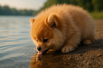 Obraz premium Adorable Fluffy Pomeranian Puppy Drinking Water by a Lake on a Calm Morning
