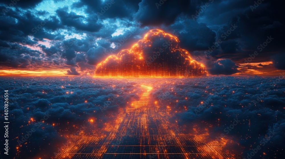 Poster a virtual network of connected servers and cloud systems flowing data and glowing digital nodes representing advanced storage and cloud services,photo stock