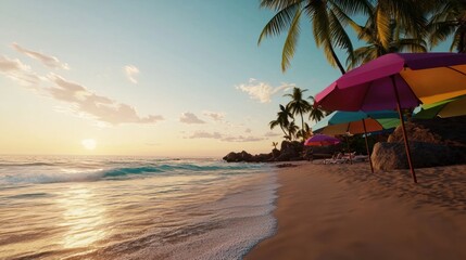 Colorful beach umbrellas at sunset, tropical island scene