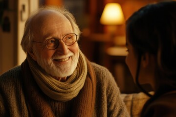 A joyful elderly person sharing wisdom with younger generations, reflecting respect for humanity with copy space. Warm golden light. Cozy home setting background