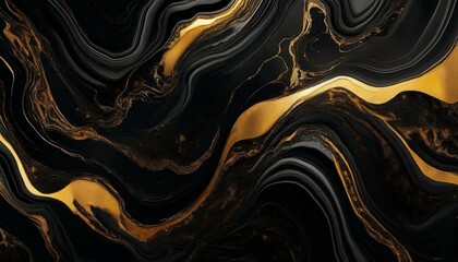 Liquid black marble with gold textures. Luxury pattern, golden, fluid illustration