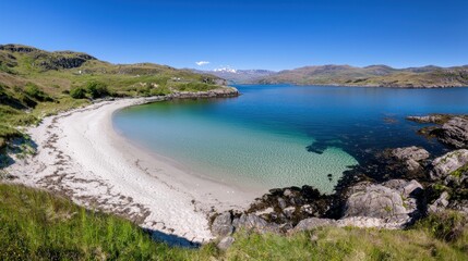 Obraz premium Scottish Coastal Beach, Sunny Day, Tranquil Bay, Mountain View