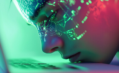 Close-up of a person with digital data projections on their face, focusing on a laptop screen, in a neon-lit futuristic environment.
