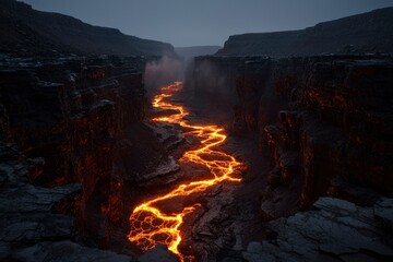 Fototapeta premium Flowing Lava River Cuts Through Rocky Terrain in a Dark, Canyon Landscape