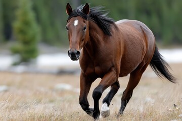 Obraz premium A powerful brown horse is captured mid-gallop across an open field, demonstrating its strength and athleticism amidst a beautiful natural backdrop, full of life.