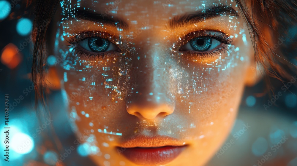 Poster a woman s face is shown in a computer generated image with a bright colorful and futuristic look the image is a representation of a digital avatar,stock image