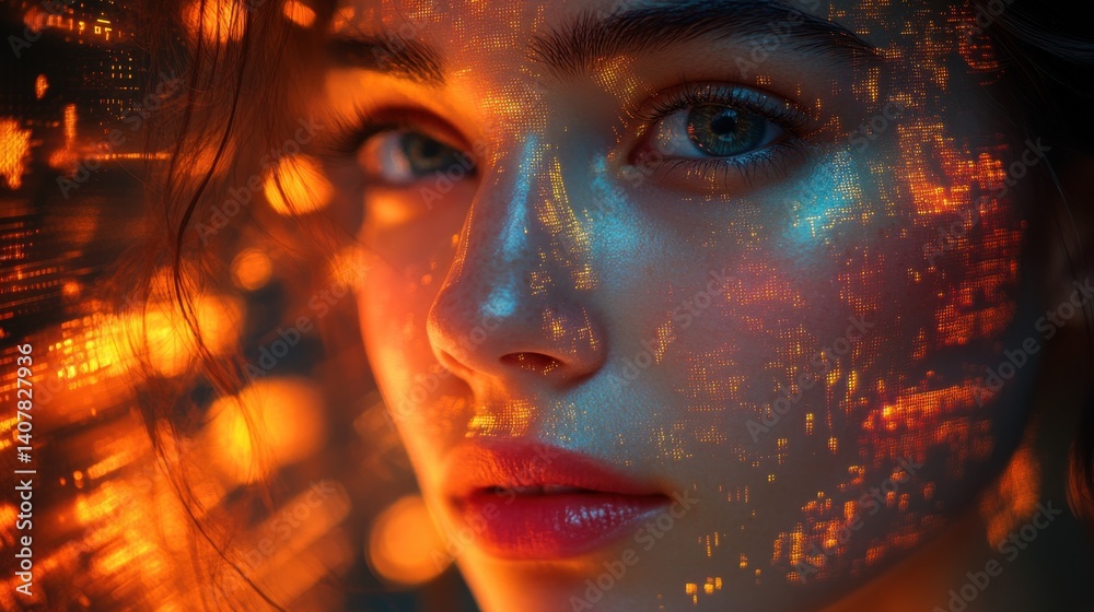 Poster a woman s face is shown in a computer generated image with a bright colorful and futuristic look the image is a representation of a digital avatar,stock photo