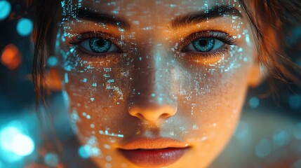 a woman s face is shown in a computer generated image with a bright colorful and futuristic look the image is a representation of a digital avatar,stock image