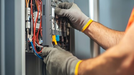 Electrician installing a new electrical panel in a home. Featuring precision and installation
