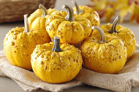 Decorative yellow pumpkins arranged on a rustic cloth during autumn harvest season