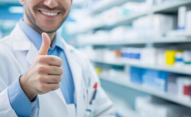 Smiling pharmacist giving a thumbs up in a pharmacy.
