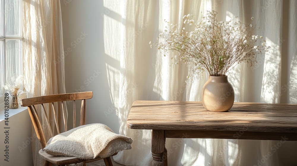 Poster a wooden chair is sitting in front of a table a vase with a plant is on the table