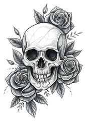 A vector illustration shows a skull with wings and a tribal tattoo design, a gothic symbol of death